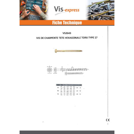 1 x Vis charpente TEKOR Tête hexagonale TH Pointe antifendage type 17 12X280 Filetée sur 80 TORX T50 zingué cr3 96 hbs