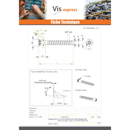1 x Vis d'assemblage confirmat Tête fraisée Pozi N°2 5X50 SS Cranté Acier zingué