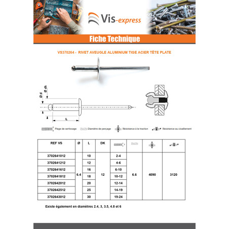 1 x Rivet aveugle Aluminium Tige acier 6.4X10 Epaisseur de serrage 2 à 4 Tête Ronde Standard ALX
