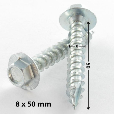 1 x Vis bois TEKOR Tête hexagonale TH Embase collerette 8X50 Acier zingué Pointe antifendage type 17