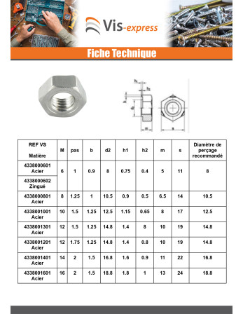 Écrou hexagonale à souder M6 Acier zingué