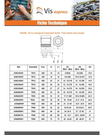 Écrou hexagonale SKM Tête ronde TR 28X5 Trapézoidale Droite Acier brut