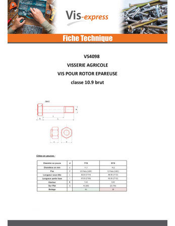 Vis ROTOR EPAREUSE 9/19X3"1/2 Classe 10.9 Acier brut