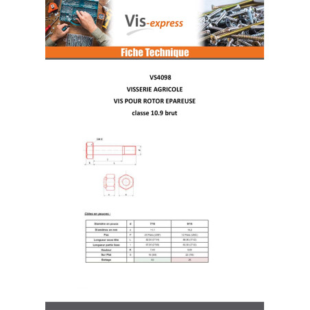 1 x Vis ROTOR EPAREUSE 9/19X3"1/2 Classe 10.9 Acier brut