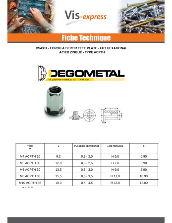 ECR à sertir HEX Tête plate TP M4X9.2 ACPTH 20 Acier zingué
