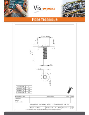 TRCC JAPY tête ronde collet carré M6X30 Collet bas 1.5 Diamètre de tête: 13.5 Acier zingué