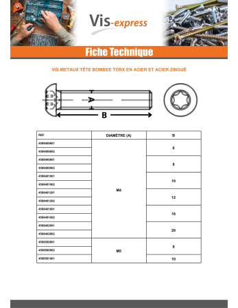 Vis métaux Tête bombée TORX T40 M8X12 Classe 10.9 Acier