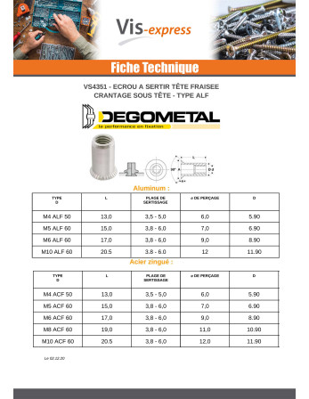 Ecrou à sertir Tête fraisée M10X20.5 ACF 60