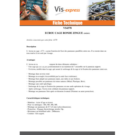 1 x Ecrou Cage Rond M4 Epaisseur tole 0.7 à 3 CV4822HG Acier zingué