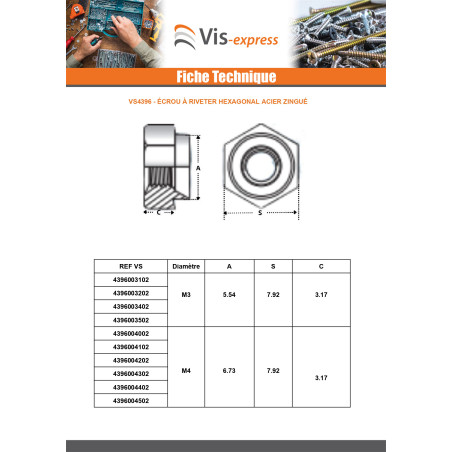 1 x Ecrou à riveter Hexagonal Acier zingué M10 Epaisseur tole 20MM