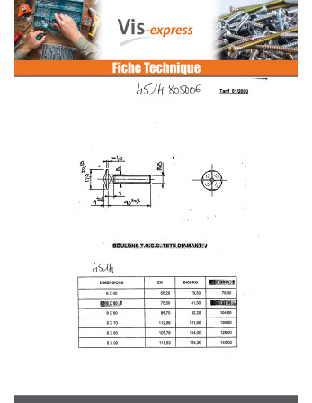 TRCC JAPY tête ronde collet carré Tête DIAMANT M8X70 Acier zingué noir