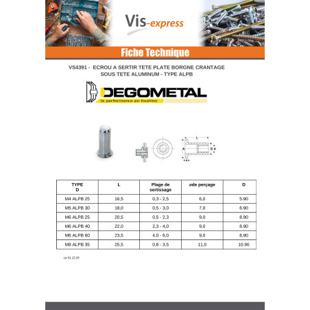 1 x Ecrou A sertir Tête plate TP Borgne M6X20.5 ALPB 25 Aluminium