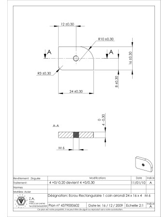 Ecrou RECT 24X16X4 M6 1 COIN ARRONDI Acier zingué