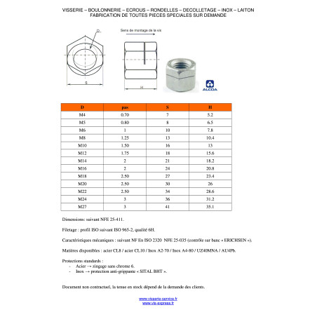 1 x Ecrou frein Fendue M8 H130 Classe 8 Acier zingué