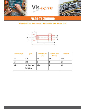 Boulon (vendu avec Ecrou) TC2M M12X45 Pas de 175 Classe 12.9 Acier brut
