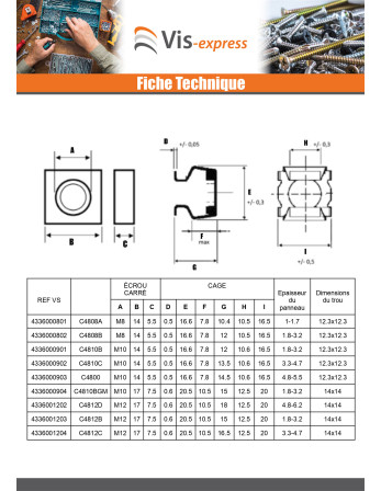 Ecrou acier zingué cage inox C4844B M4 Epaisseur tole 1.0 à 1.6
