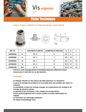 Ecrou à sertir Tête plate TP M10X23 GOFIX ACPSH35 Acier zingué
