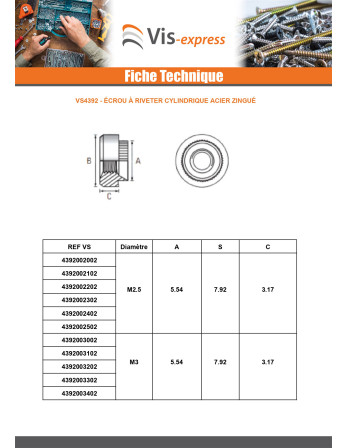 Ecrou à riveter Cylindrique M4 Epaisseur tole 2.5MM Acier zingué