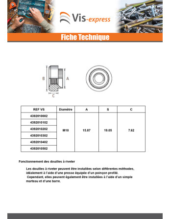Ecrou à riveter Cylindrique M4 Epaisseur tole 2.5MM Acier zingué