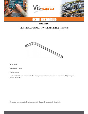 Clé Hexagonale Inviolable Clé de 5 HC5 Vis 8