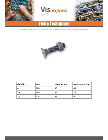 Boulon (vendu avec Ecrou) TOCC tête ovale carré collet M10X48 Pas de 150 Classe 8.8 Acier zingué