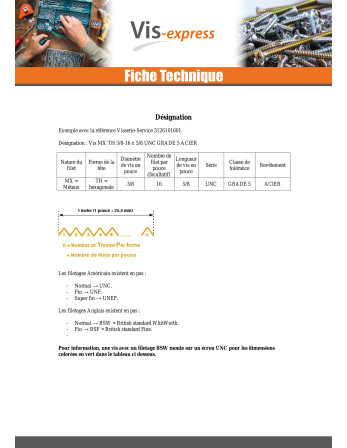 Vis métaux Tête hexagonale TH 3/4X 2" UNC ou equivalent BSW pas anglais WHITWORTH Grade 5 Acier brut