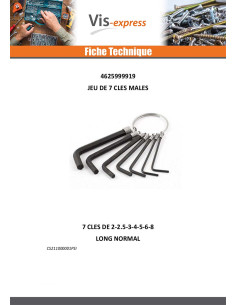 Jeu de 7 CLES MALES Hexagonal creux 2 2.5 3 4 5 6 8 2