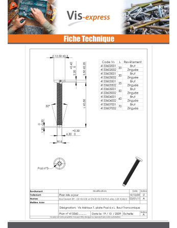Vis métaux tête plate Pozi M6X60 Bout Tronconique Acier zingué