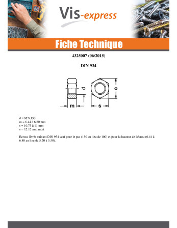 Écrou hexagonale M7 S/PLAT 11 Pas de 150 Forte tenue à la corrosion Acier galvanisé à chaud Oversized