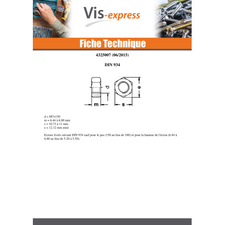 1 x Écrou hexagonale M7 S/PLAT 11 Pas de 150 Forte tenue à la corrosion Acier galvanisé à chaud Oversized