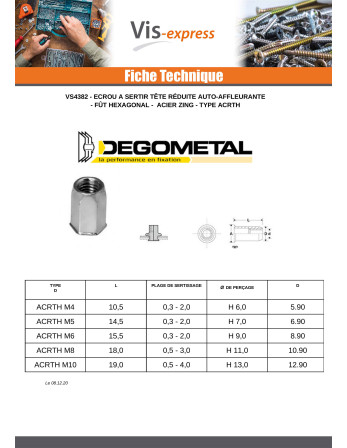 Ecrou A sertir Hexagonal Tête Réduite M10X19 Acier zingué ACRTH