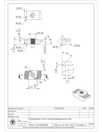 Ecrou RAIL PARRALELOGRAMME M5 Acier zingué