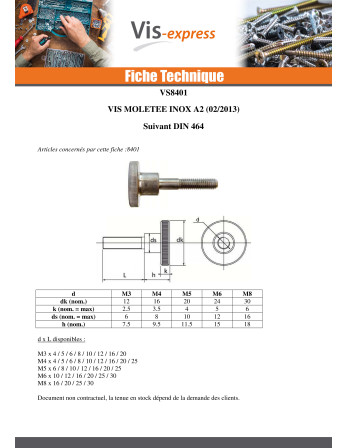 Vis métaux Moletée M6X20 Inox A1