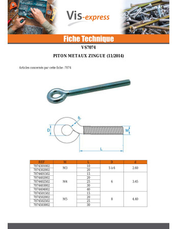 Piton Métaux M10X40 Diamètre Oeil 15 Acier zingué