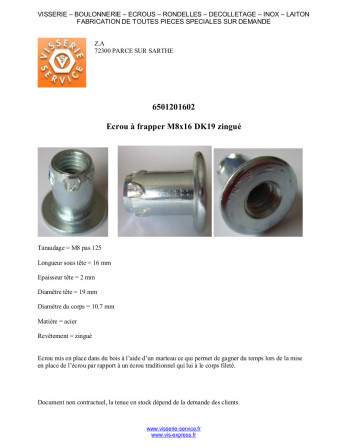 Ecrou à frapper M8X16 Diamètre de tête: 19 Acier zingué