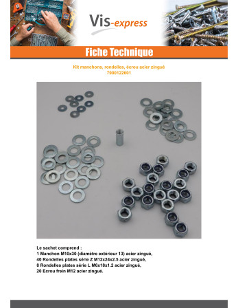 KIT Manchons Ecrous Rondelles Acier zingué