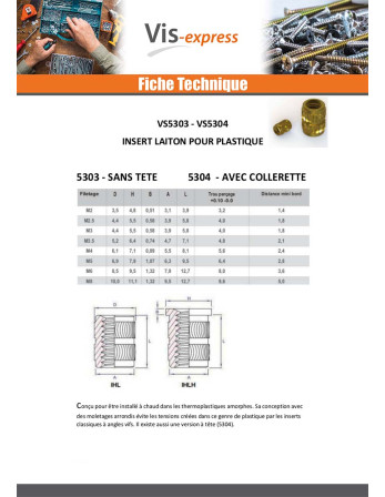 Insert Sans tête HEATFIX Laiton M6X9.5