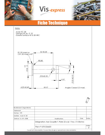 Axe Goupille Percée Tête plate 22X66TROU Diamètre 8 Bichromaté
