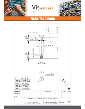 Tourillons Métaux Acier zingué 7.5X37 M6-7.5
