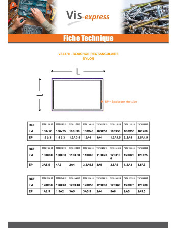 Bouchon rectangle pour tube 200X120 épaisseur tole du tube 6.3 à 9 Polyethylène noir
