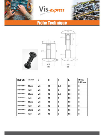 Vis relieur M4X45 Diamètre Tube 5 nylon noir 2 pièces Mâle femelle