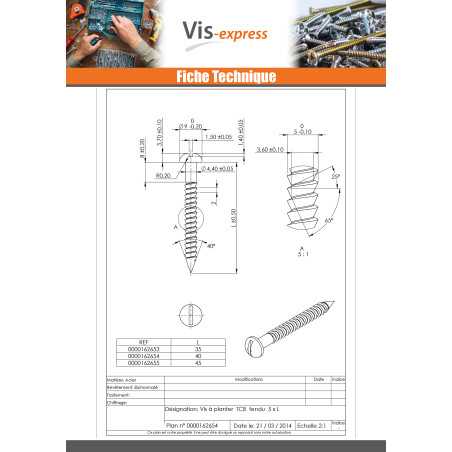 Vis Planter Tête cylindrique bombée TCB Fendue 5X40 Filetage partiel Bichromaté