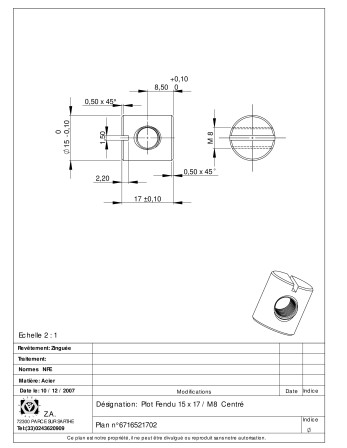 Plot fendu 15X17 M8 CENTRE Acier zingué