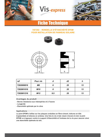 Rondelle d'étanchéité EPDM PANNEAU SOLAIRE M8
