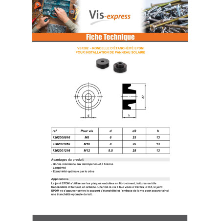 Rondelle d'étanchéité EPDM PANNEAU SOLAIRE M8