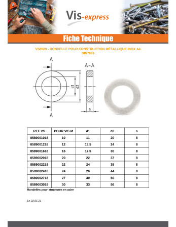 Rondelle CONSTRUCT Métallique Inox A4 M12X24X8