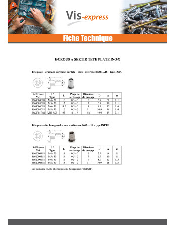 Ecrou A sertir Inox Tête plate Hexagonal M5X14 INPTH 30