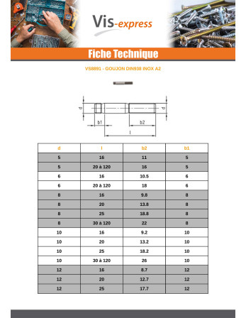 Goujon bout filetée ~1xdiamètre Inox A2 M12X80 Longueur total 92