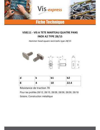 Vis métaux Tête marteau 10X10X4 M8X20 Inox A2 pour profilés 28/15