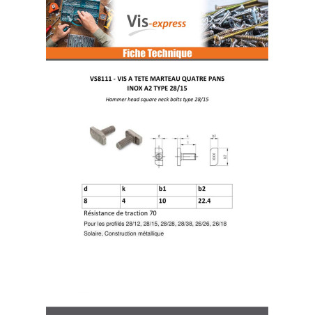 Vis métaux Tête marteau 10X10X4 M8X20 Inox A2 pour profilés 28/15